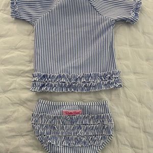 Blue seersucker ruffle butts swim suit. Size 3T